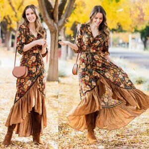 Farm Rio Anthropologie Madrid Floral Gold Yellow Wrap Maxi Dress XS Autumn Fall
